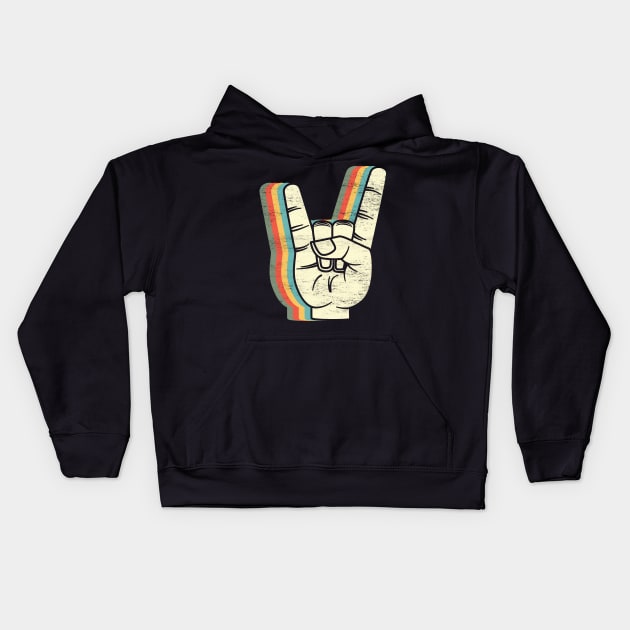 Rock On: Groovy Retro-Colored Rock And Roll Hand Sign for Music Lovers Kids Hoodie by TwistedCharm